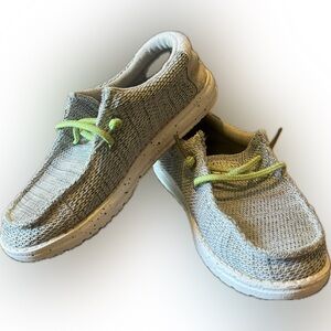 HEYDUDE Kids' Wally Slip On Shoes Kids Size 1. Stone White with Green Laces